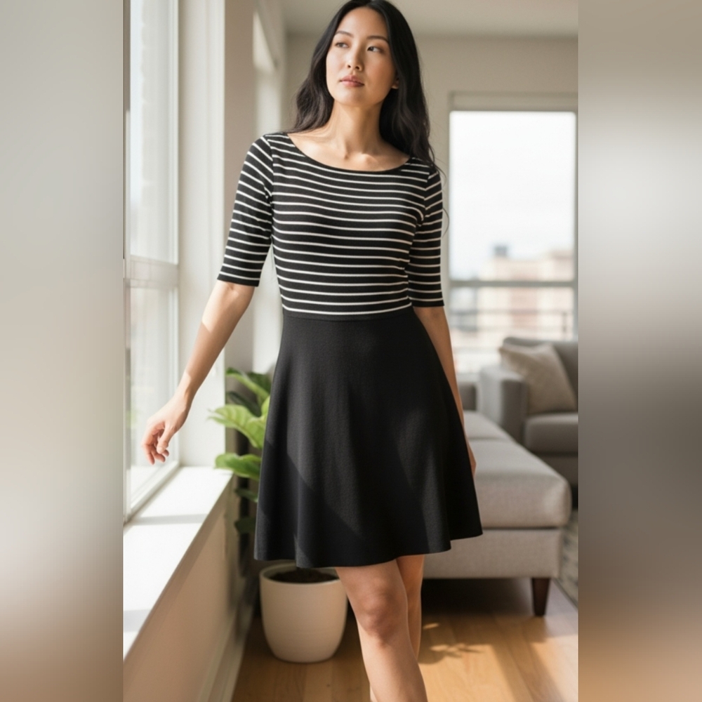 Bailey 44 black dress , size M, made in USA , stripes, 1/3 sleeve,